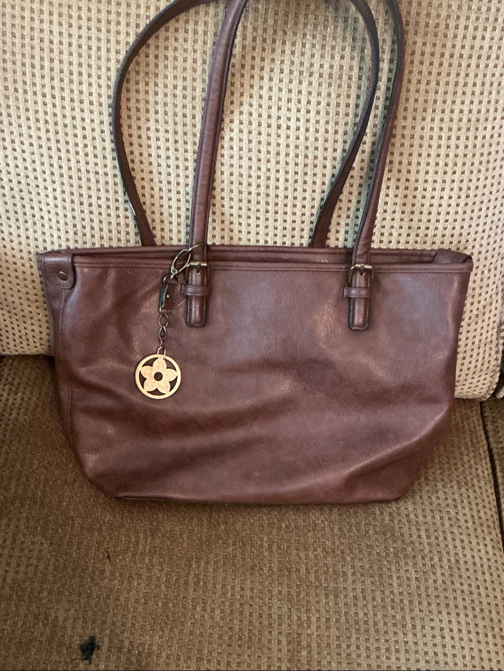 Classic Brown Leather Tote Bag with Charm